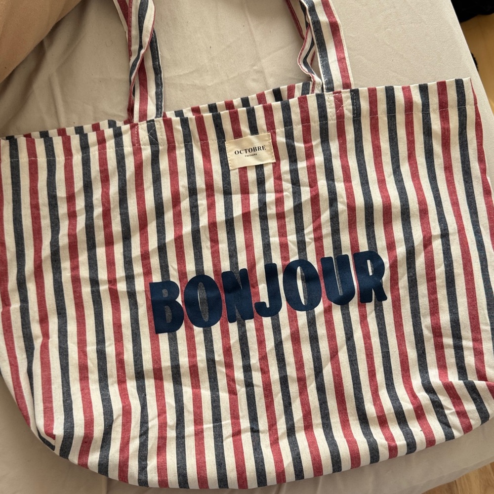 Sezane Octobre Striped Bonjour Tote Bag